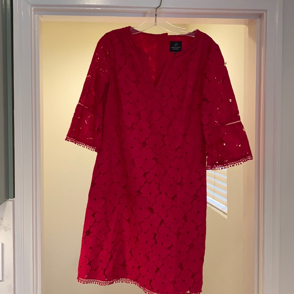 Adrianna Papell magenta floral lace dress.